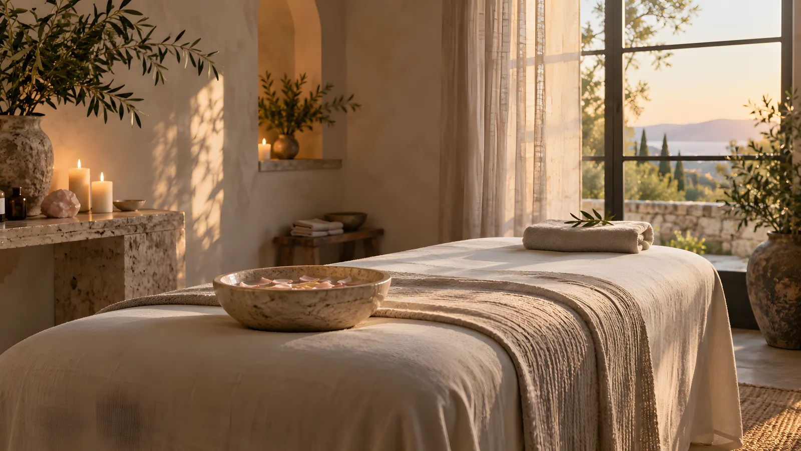 A calm treatment room with a linen-dressed bed, folded towels, lit candles and a bowl of water with petals.